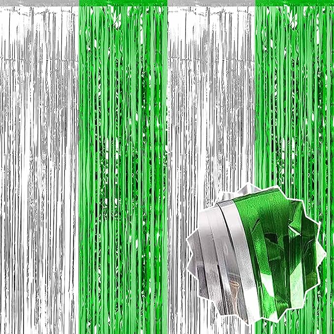 6 Pack Silver Green Foil Fringe Curtains Backdrop, 3.28 x 8.2 Ft Metallic Streamers Tinsel Curtains Background for Photo Booth, Birthday, Weddings, Carnivals, Graduation, Themed Party Decorations