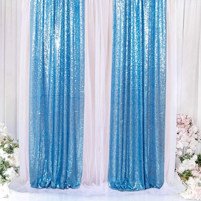 ShinyBeauty Sequin Curtains 4 Panels Baby Blue | Sparkle Photo Backdrop for Parties & Events | 2Ft x 8Ft Shimmer Fabric Background | Elegant & Durable | Perfect for Weddings & Baby Showers
