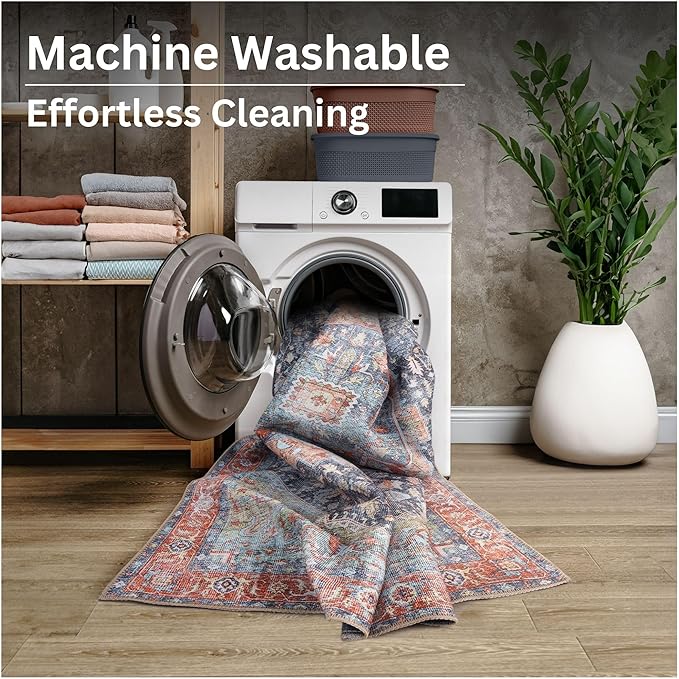 Bloom Rugs Washable Non-Slip 3' x 5' Rug - Terracotta/Blue Traditional Medallion Area Rug for Living Room, Bedroom, Dining Room, and Kitchen - Exact Size: 3' x 5'