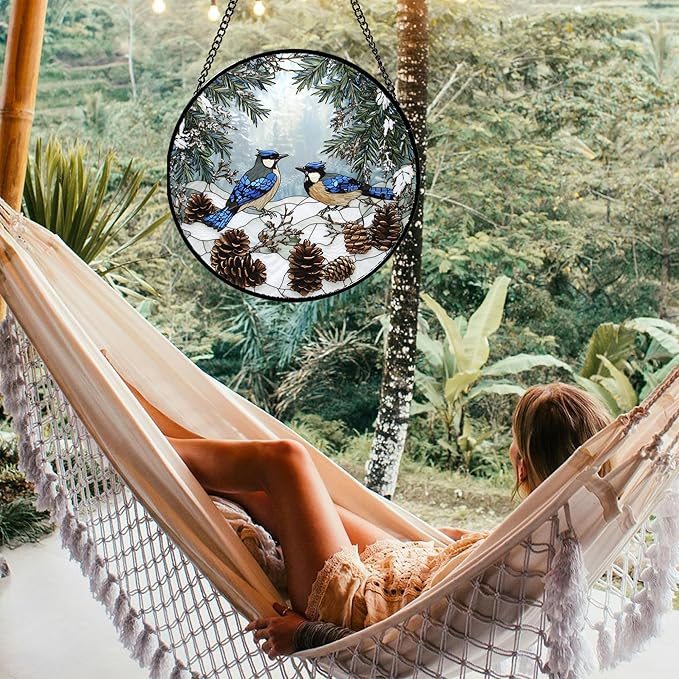 Stained Glass Window Hanging - Blue Bird Winter Forest Landscape Suncatcher for Door Garden Yard Sun Catchers Decor Christmas Mother's Day Birthday Gifts for Women Mom Nana Friend 6.3 in