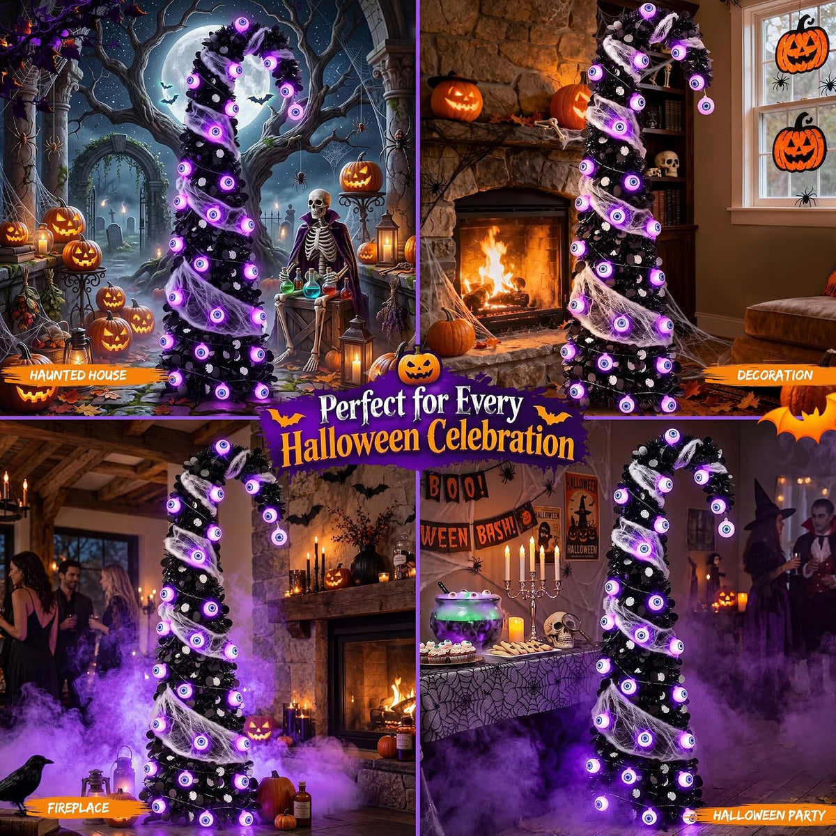 5ft pop up halloween tree with 35 purple showing dimensions
