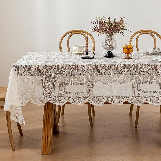 Lace Embroidered Tablecloth. Rectangle Lace Vintage Tablecloth Dustproof Table Protector for Kitchen Dining Room Party Banquet Home Picnic Wedding Decoration (Creamy White 70.5×53 inch)