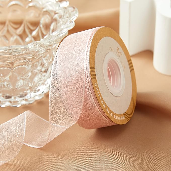 1 Inch Wide Sheer Chiffon Ribbon - Pearl Silk Woven Ribbon Suitable for Gift Wrapping, Wedding Decor, Home Decor, Girl Hair Accessories Handmade DIY (25 Yards/roll) (Baby Pink)