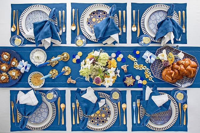 Solino Home Linen Table Runner 48 Inches - 100% Pure Linen Indigo Blue Hemstitch Table Runner 14 x 48 Inch Ideal for Dresser and Coffee Tables - Fall, Autumn, Christmas, Holiday - Classic Hemstitch