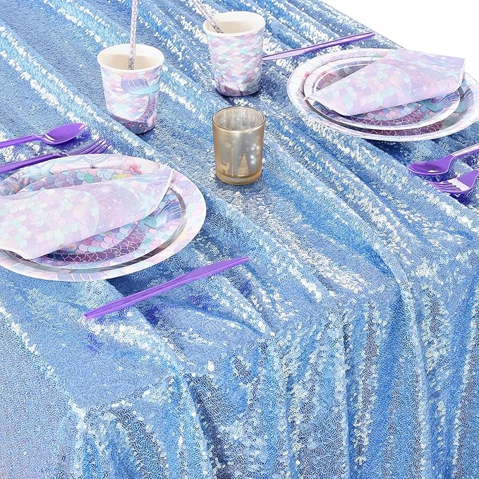 QueenDream Sequin Tablecloth 60"x102" Sparkly Party Table Cloths Sequin Table Cloth Overlay for Wedding Birthday Baby Shower Decoration Baby Blue