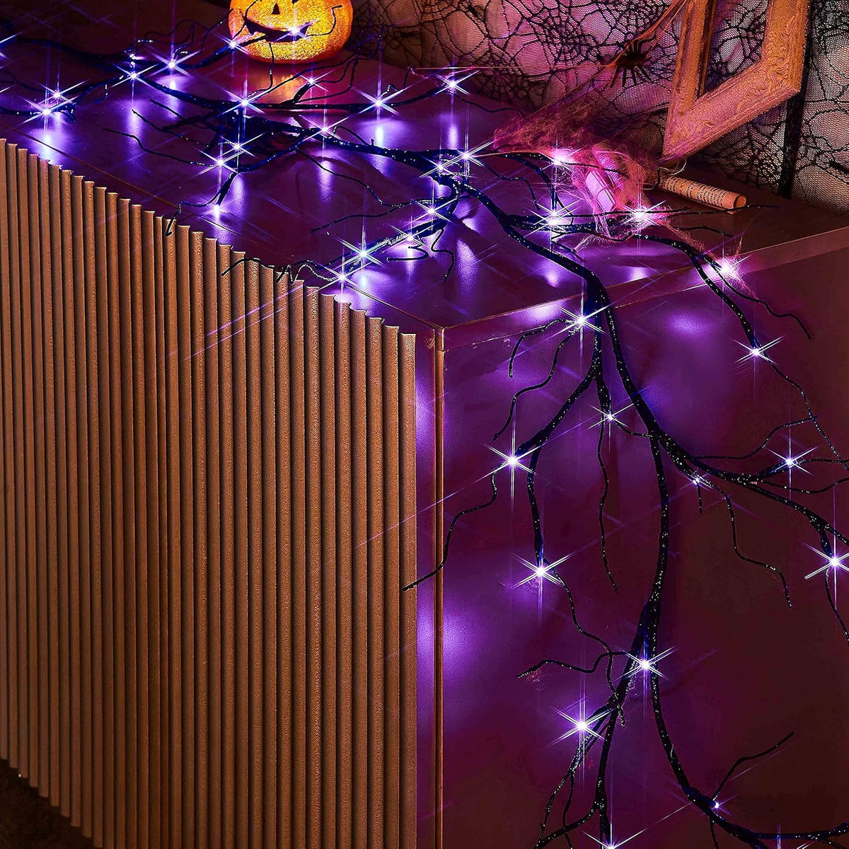 litbloom lighted black glittered garland with 48 orange, side view