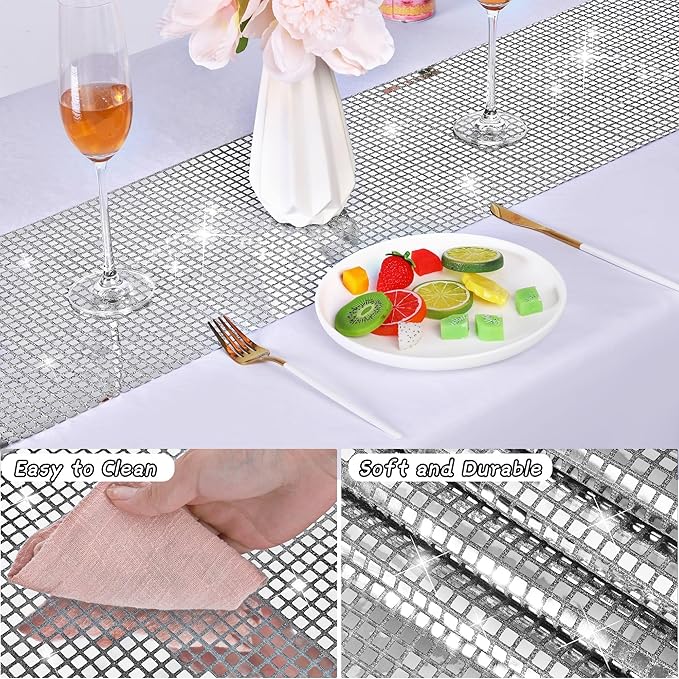 Durony 6 Pack Disco Party Table Runners, 11 x 108 Inch Silver Glitter Foil with Sparkle Sequin, Ideal for Bachelorette, 70s, Disco, Cowgirl Parties