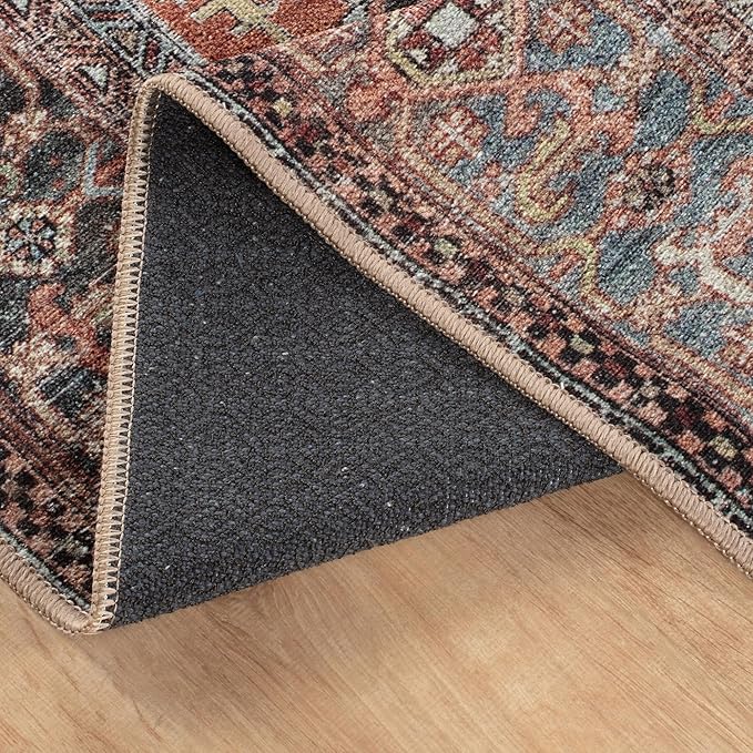 Bloom Rugs Washable Non-Slip 3' x 5' Rug - Terracotta/Blue Traditional Medallion Area Rug for Living Room, Bedroom, Dining Room, and Kitchen - Exact Size: 3' x 5'