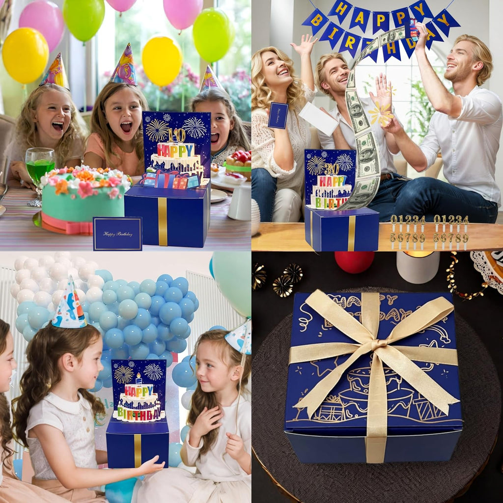 JINSTABAG Birthday Money Box for Cash Gift, Money Pull Box with Music Light DIY Sticker 13th 16th 18th 21th Any Age and Banner, Birthday Decorations for Boys Girls Kids Adult (Dark Blue)
