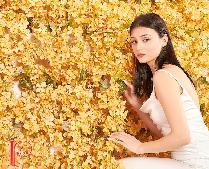 Flower Garland, Artificial Hydrangea Vine Flowers, Hanging Fake Hydrangeas Vine for Room Anniversary Wedding Birthday Christmas Wall Arch Decor, 2 Pcs, Floral Garland, Champagne Flower
