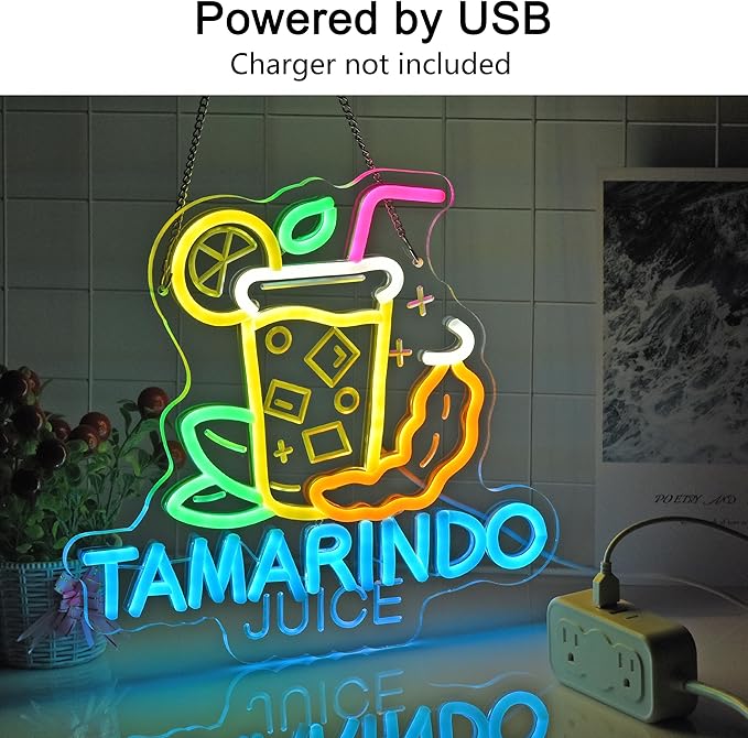 CNBEYOUNG Tamarindo Juice Neon Sign, Neon Lights Hanging Wall Art Decoration for Mexican Restaurant Shop Bar Cafe Kitchen Party Home Decor, USB Powered Ultra Bright Dimmable,12.83x 11.8inches