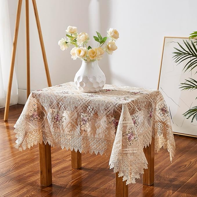 Warm Home Designs 36 x 36 Square Tablecloth - Gold Embroidered Coffee Table Cover or Topper for Vintage Kitchen - VTC Linen