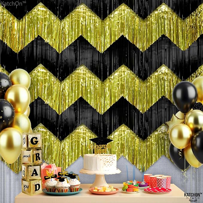 KatchOn, Black and Gold Fringe Backdrop Curtain - XtraLarge 6.6x1.7 Feet, Pack of 6 | Graduation Backdrop for Graduation Decorations 2025 | Fringe Curtain for Birthday Decorations | Prom Decorations