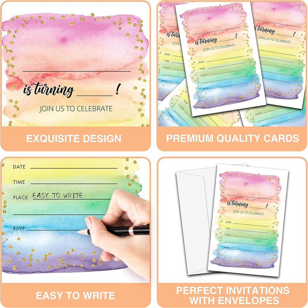 Colorful Rainbow Birthday Party Invitations, 20-Count Watercolor Rainbow Glitter Birthday Party Invites With Envelopes-HBYQK-B59