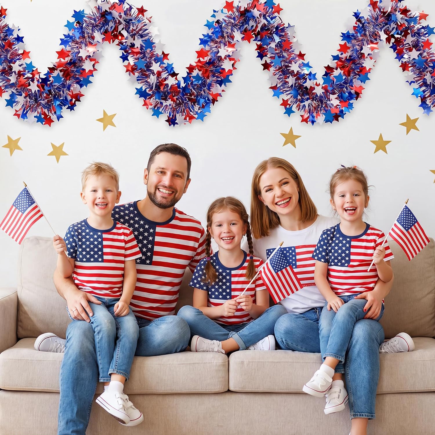 50ft Patriotic Star Tinsel Garland, Tinsel Banner for USA 250th Anniversary July 4th Decorations