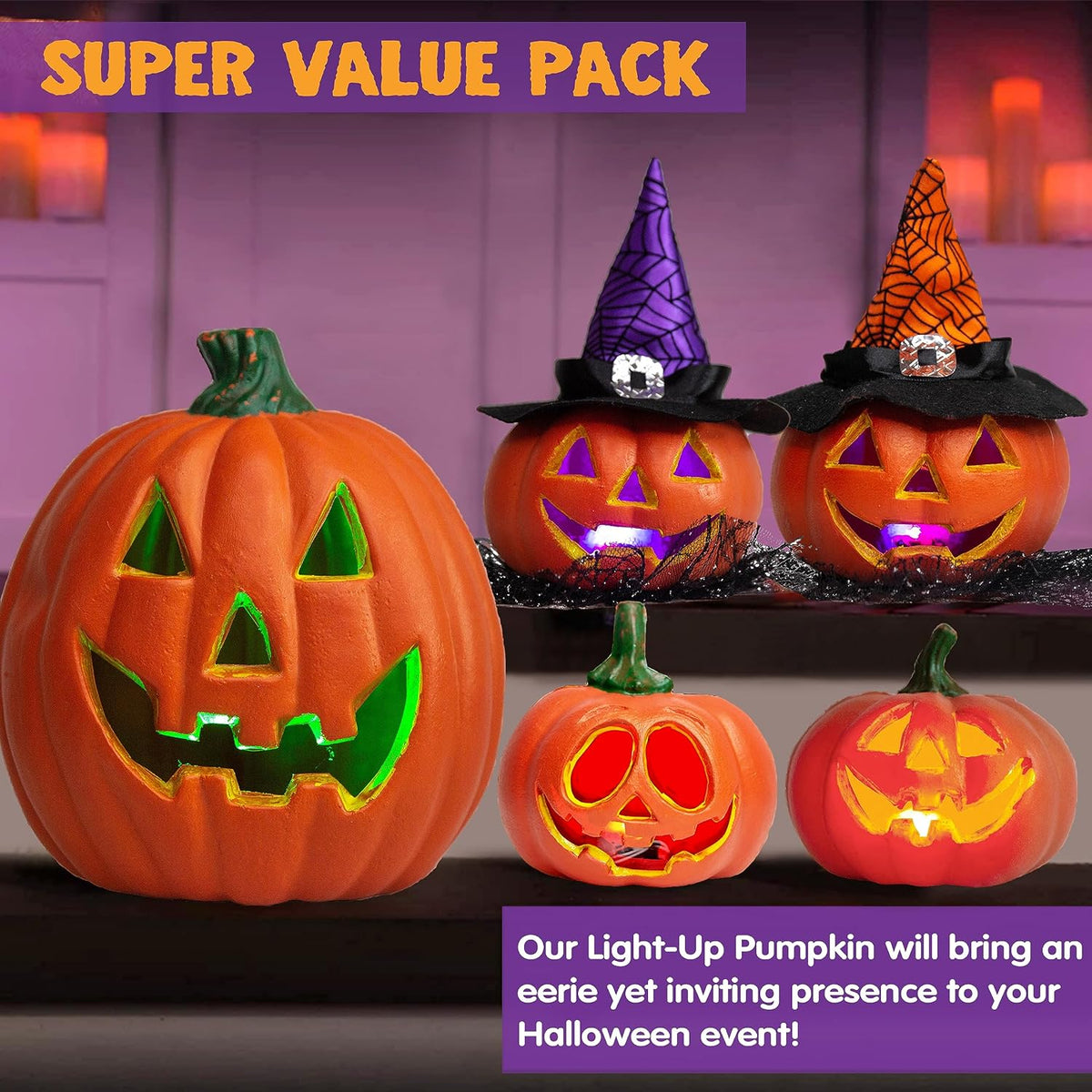 JOYIN 5 Pcs Light Up Halloween Pumpkin Decor Jack O Lantern Decorations Outdo...