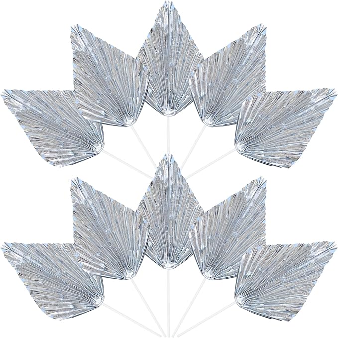 Ephlyn 6Pcs Paper Palm Leaves Fan Cake Toppers Palm Leaf Fan Cake Picks Craft DIY Fan Cupcake Toppers Palm Spear Leaves Cake Decorations for Baby Shower Wedding Birthday Party Supplies Bright Silver