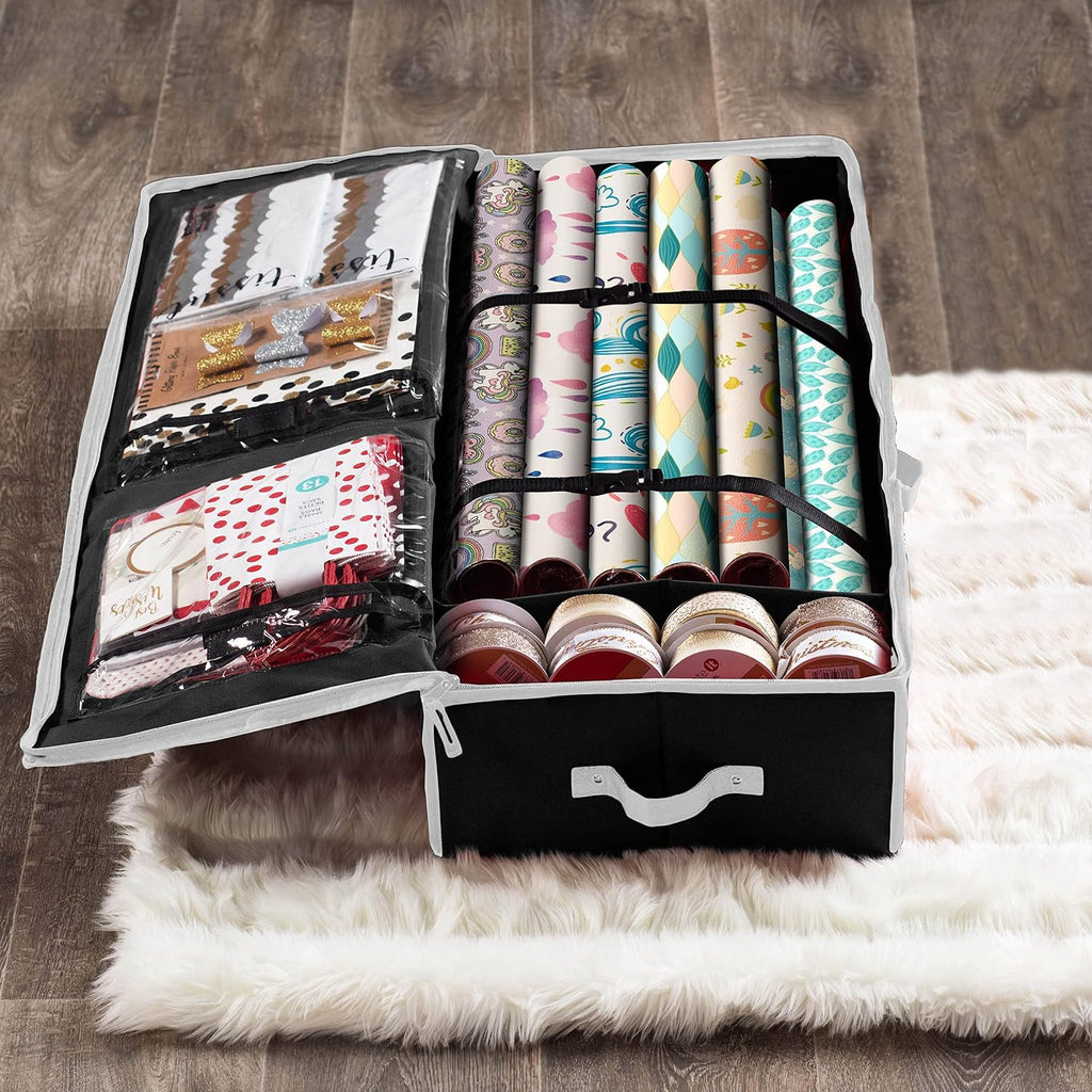 ZOBER 600D Oxford Gift Wrapping Paper Organizer Storage - 40" Gift Wrap Storage Containers with Interior Pockets for Bows, Tags & Ribbons - Wrapping Paper Holder, Fits 24 Standard Rolls, Black/White