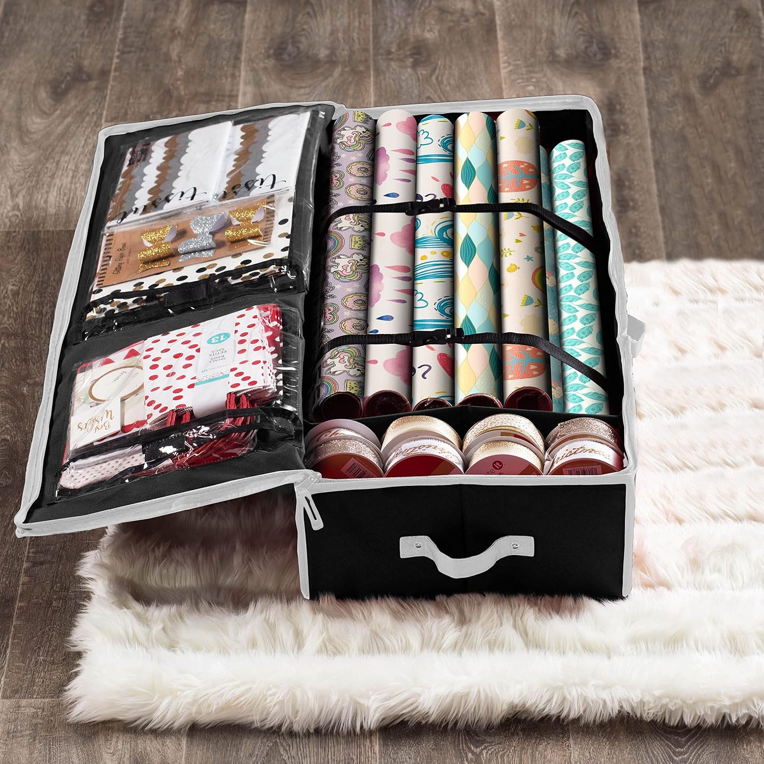 ZOBER 600D Oxford Gift Wrapping Paper Organizer Storage - 40" Gift Wrap Storage Containers with Interior Pockets for Bows, Tags & Ribbons - Wrapping Paper Holder, Fits 24 Standard Rolls, Black/White