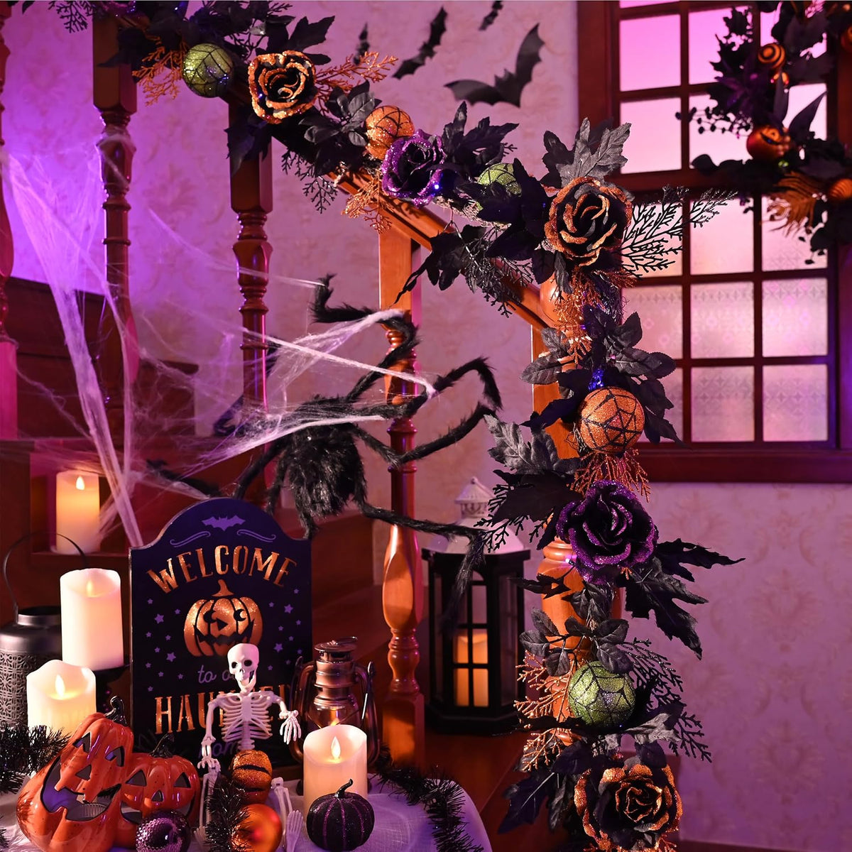 valery madelyn 6ft pre-lit halloween garland for mantle, close-up detail