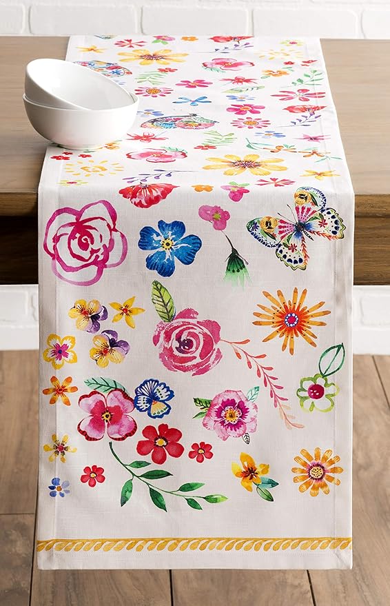 Maison d' Hermine Table Runner 100% Cotton Single Layer Table Runners 108 inches Long Decorative for Home Dining Party Wedding Bridal Shower Spring Summer (Happy Florals - Sweety, 14.50" x 108")