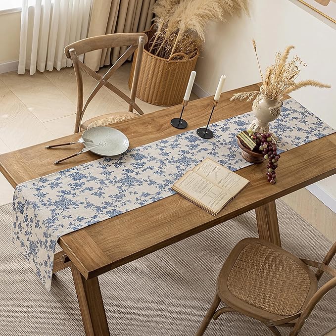 Pastoral Table Runner - 14 x 108 Inch Rectangle - Beige Linen - Washable Tabletop with Dust-Proof Wrinkle Resistant for Restaurant, Picnic, Indoor and Outdoor Dining, Floral (Dark Blue)