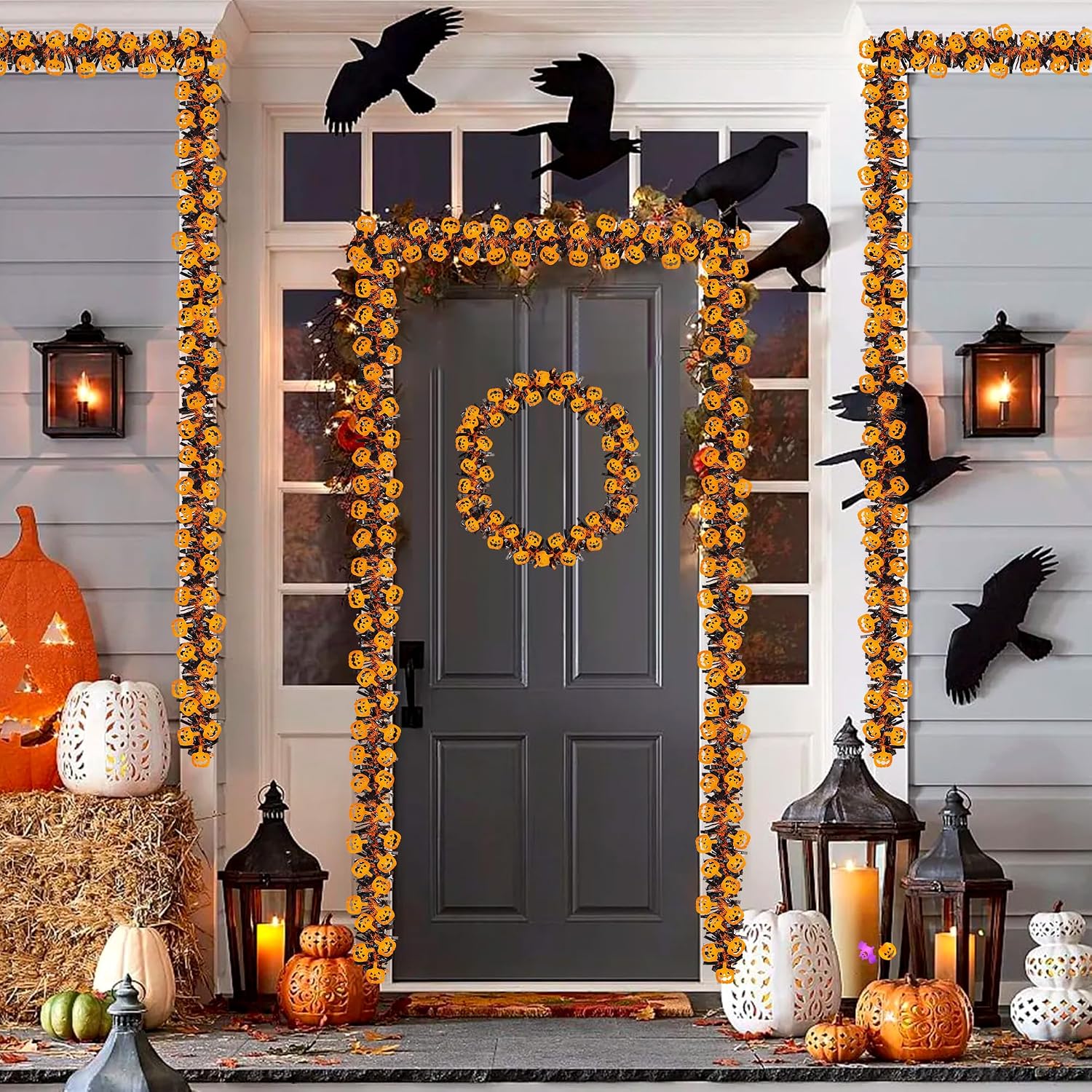 33FT Halloween Tinsel Garland with Orange Pumpkin Ornament, Shiny Metallic Twist Garland Outdoor Indoor Halloween Decorations for Home Table Office Classroom Fireplace Mantle Party Decor