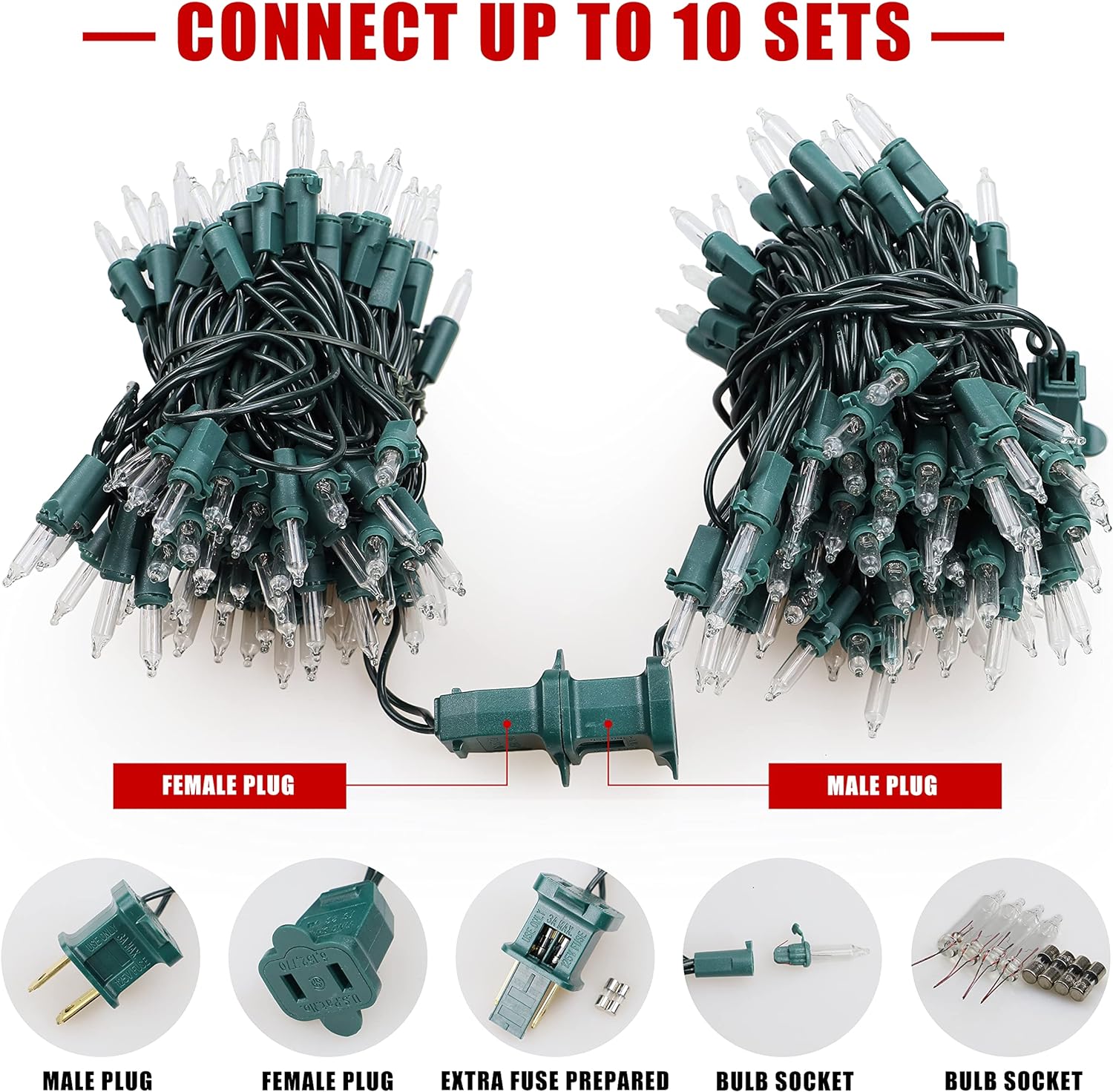 Hopolon 2 Pack Warm White Christmas Lights, 50-Count Green Wire | 13FT incandescent mini light with clear bulbs, plug in 120V, connectable for Christmas tree, wedding, bedroom, porch decor