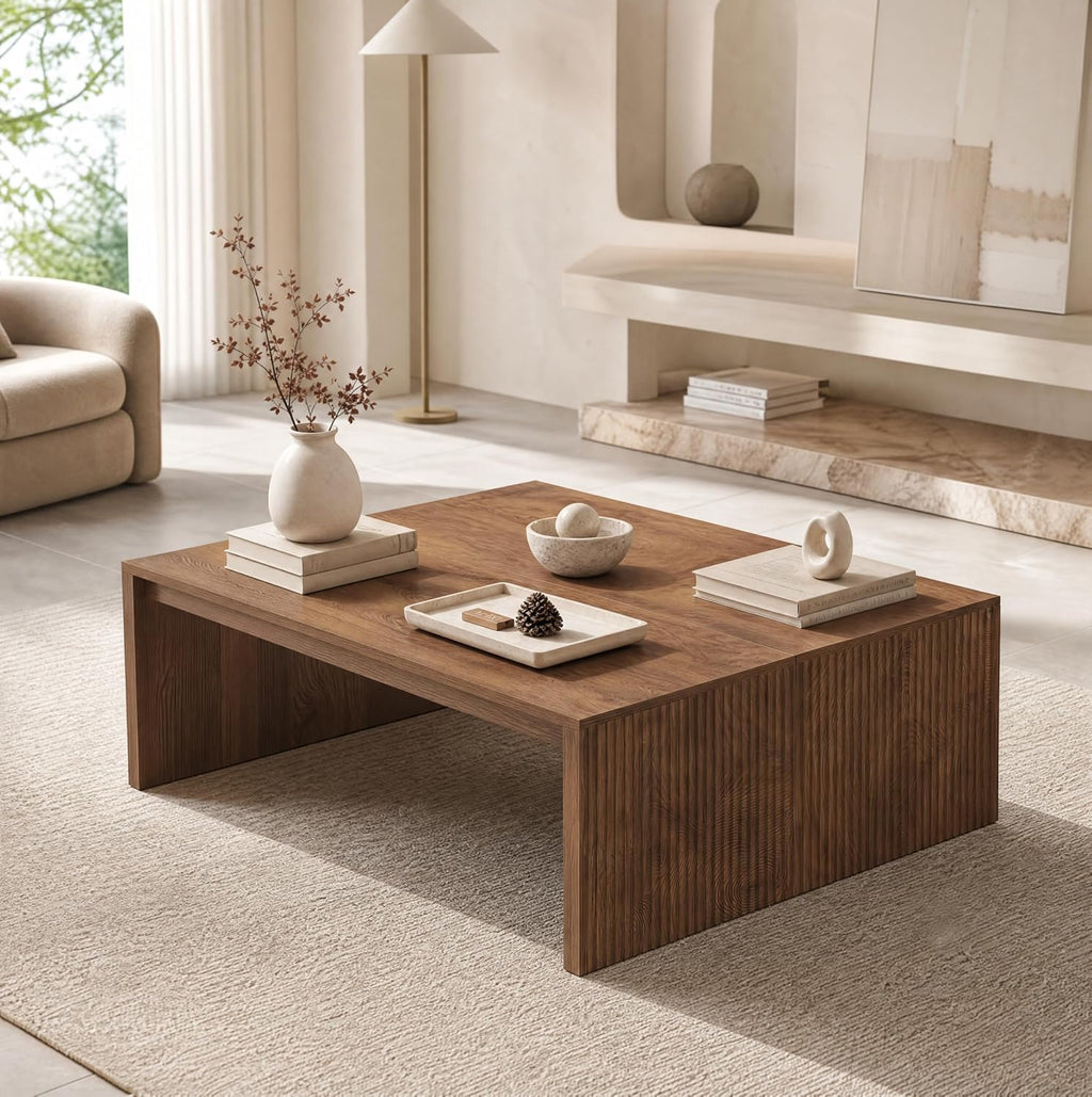 little tree 39.4" square fluted coffee table, mid-century shown in use