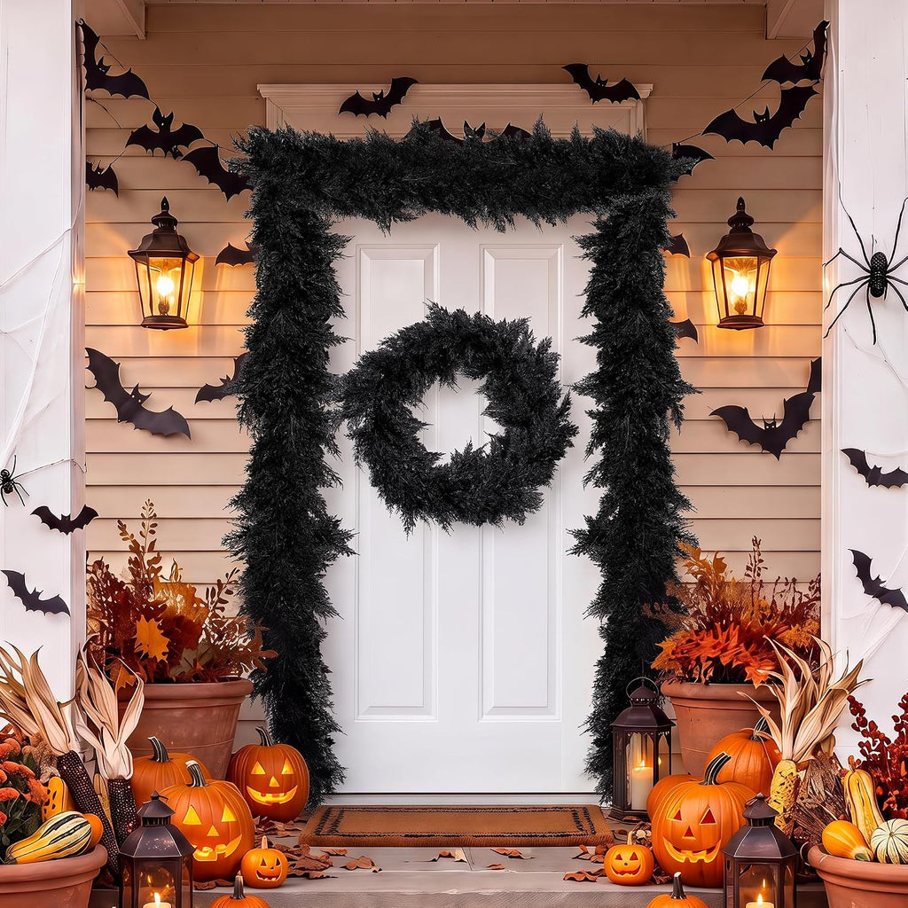 fovths 12 ft pre‑lit black halloween garland, artificial, side view