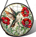 Stained Glass Window Hanging - Green Hummingbird Red Flower Suncatcher for Door Terrace Garden Home Decor Bird Landscape Sun Catcher Birthday Gifts for Lovers Women Men Dad Mom Nana 7.8 in