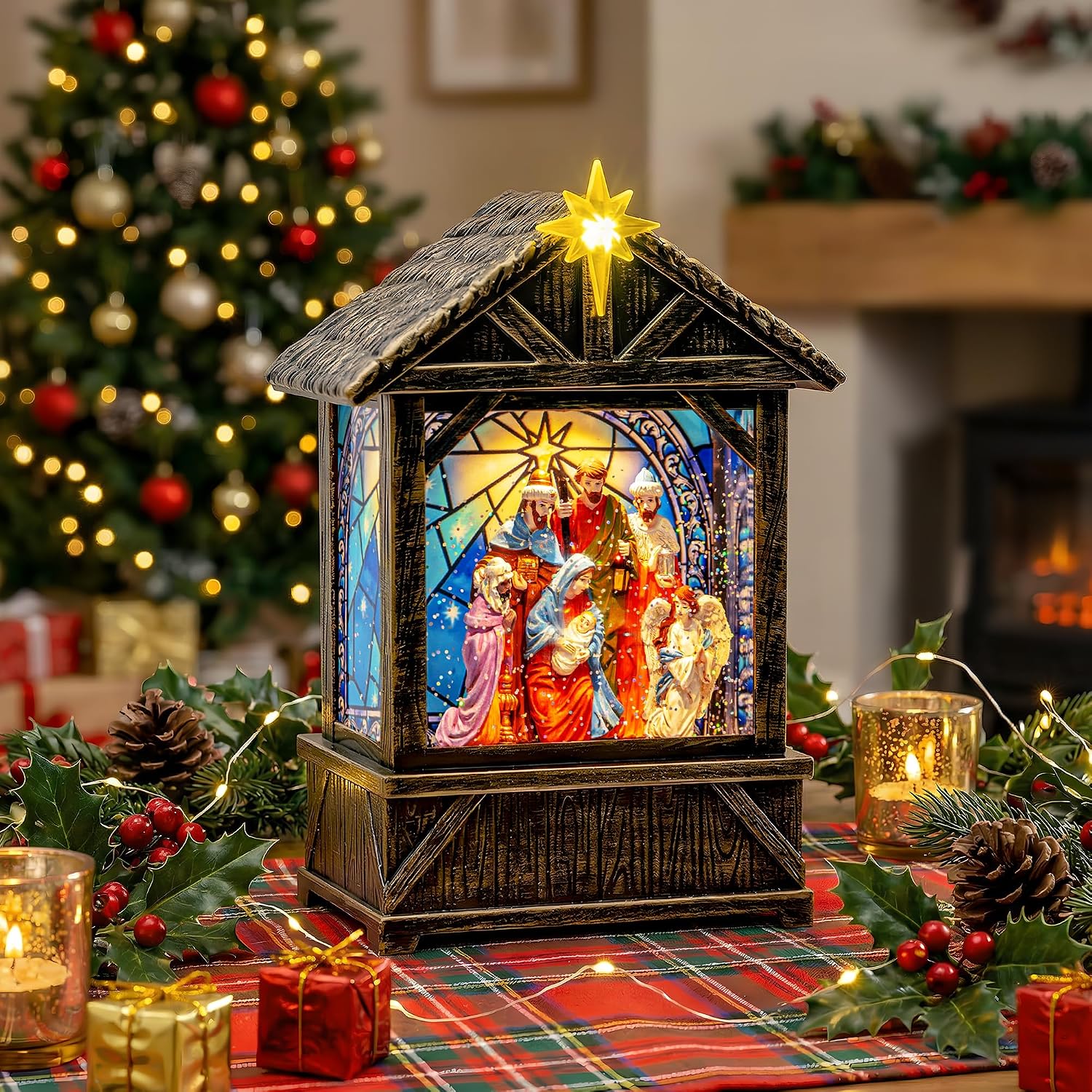 Nativity with Star Musical Lighted Water Creche with Swirling Glitter, Christmas Snow Globe Adoration of The Magi Nativity Manger Scene, Holiday Decorations Gifts for Family, Children or Friends