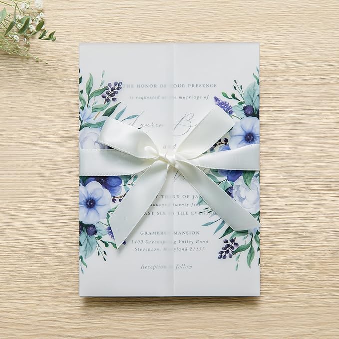 PONATIA 50 PCS Vellum Jackets for 5x7 Invitation Cards - 135GSM Royal Blue Flowers Vellum Sleeves, Transparent Gift Card Jackets