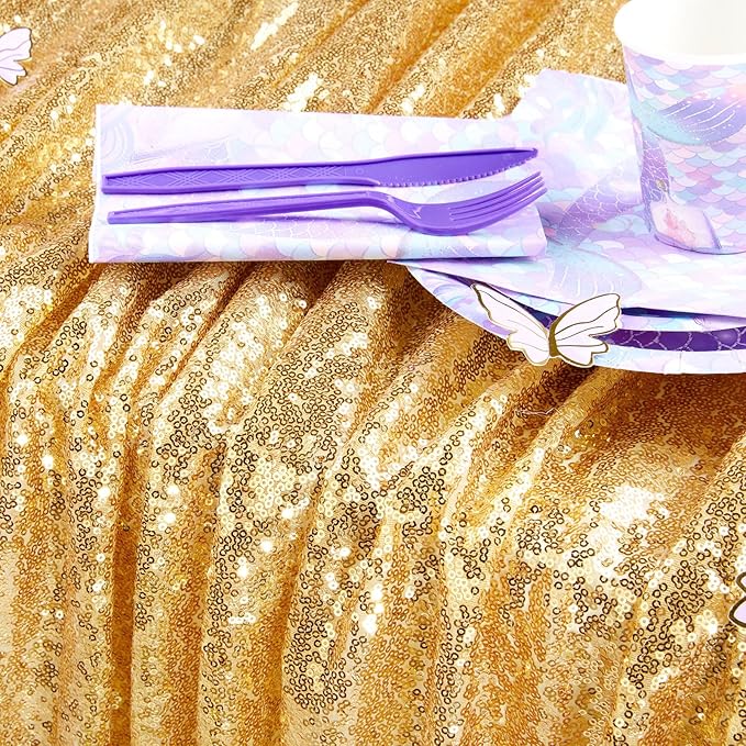 QueenDream Gold Table Cloth Party Decorations: Sequin Fabric 90x90 Inch Sparkle Tablecloths - Gold Drapes Wedding Overlay
