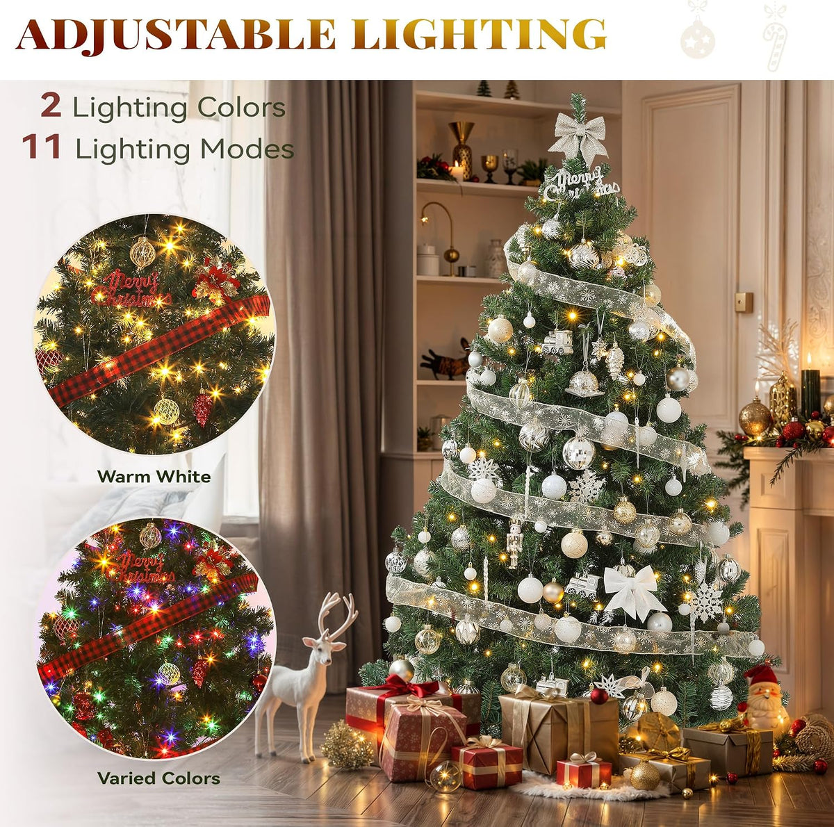 yitahome 7.5ft pre-lit green artificial hinged christmas tree, close-up detail