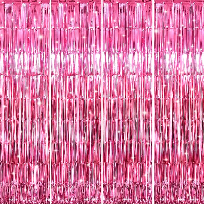 GOER 3.2 ft x 8.2 ft Metallic Tinsel Foil Fringe Curtains Party Photo Backdrop Party Streamers for Galentines Day,Birthday,Graduation,New Year Eve Decorations Wedding Decor (4 Packs,Hot Pink)