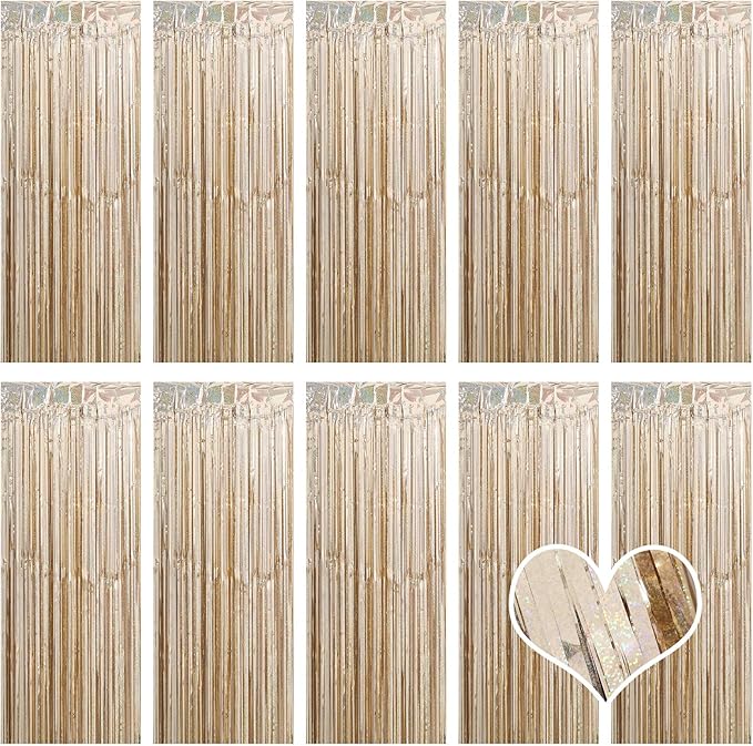 10 Pack Champagne Gold Backdrop Curtain 3.2ft x 8.2ft Metallic Tinsel Foil Fringe Curtains Photo Booth Background for Birthday Party Decoration Engagement Wedding Christmas Decor (Champagne Gold)