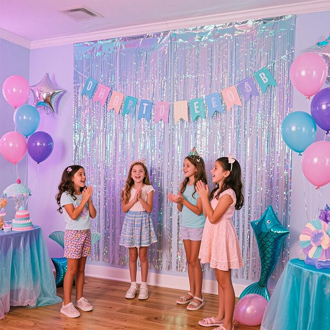 BTSD-home 4 Pack Iridescent Party Streamers Tinsel Foil Fringe Curtain Holographic Backdrop Metallic Shiny Photo Booth for Wedding Birthday Baby Shower Bachelorette Theme Party Decorations