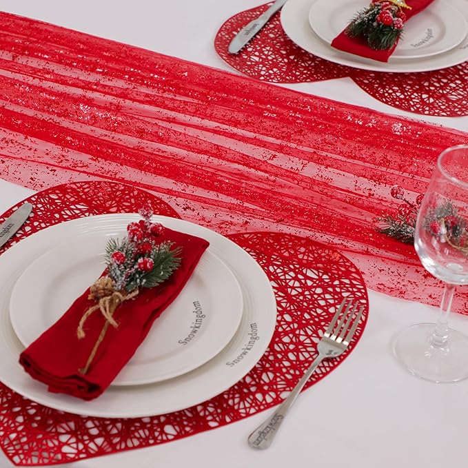 Snowkingdom Red Christmas Table Runner 10 FT, Glitter Metallic Foil Sheer Tulle Cheesecloth Gauze Runner 120 Inch, Red Table Centerpieces Decoration for Wedding Birthday Party Holiday