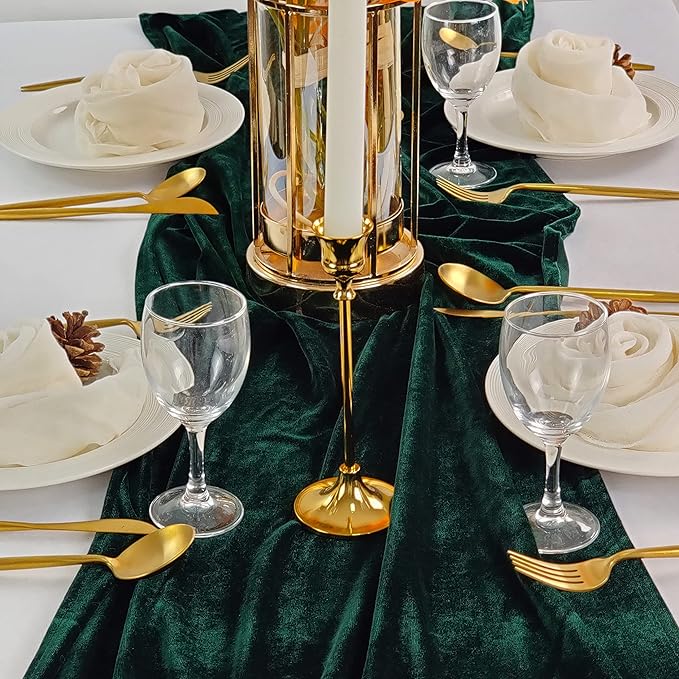 Emerald Green Velvet Table Runner, Luxurious Wedding Table Runner Decorations, 20 x 120 inch 10ft Velvet Fabric Table Linen Overlay for Party