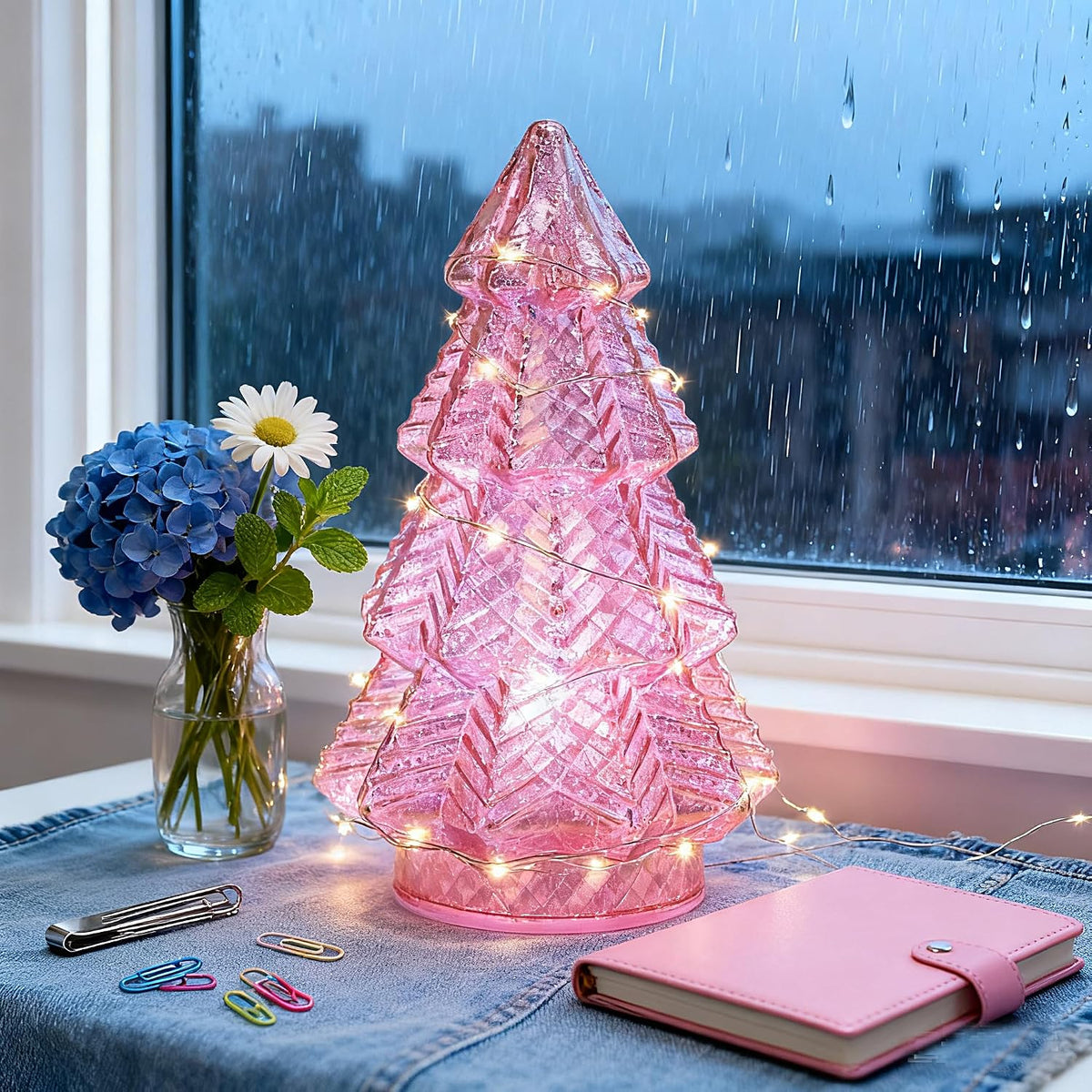 mercury glass christmas tree lights,lighted swirling colorful glass shown in use