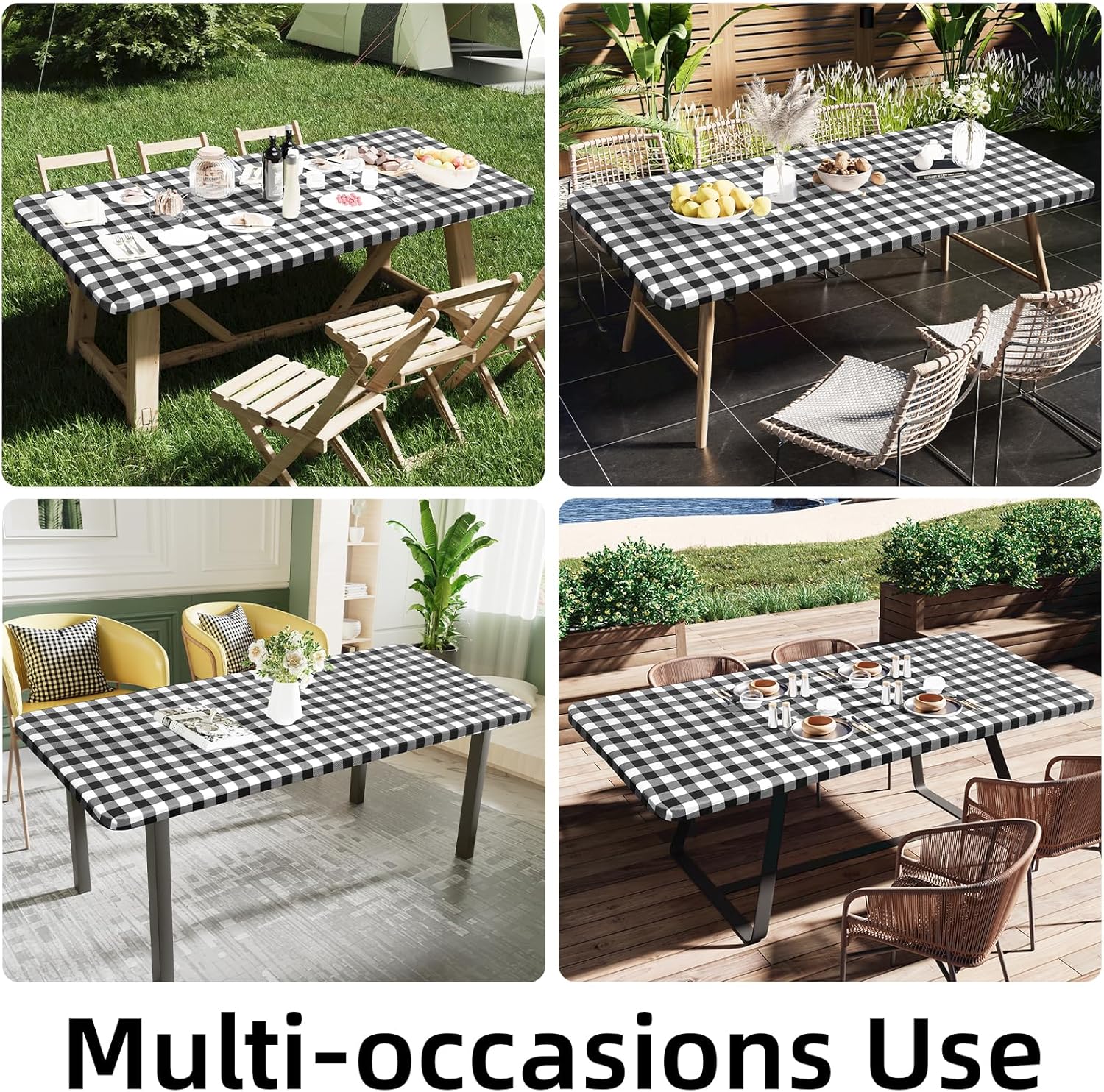 Smiry Rectangle Picnic Table Cloth, Elastic Waterproof Fitted Vinyl Tablecloths, Flannel Backed Buffalo Plaid Table Covers for Dining, Camping, Outdoor (Black and White, 30" x 72")