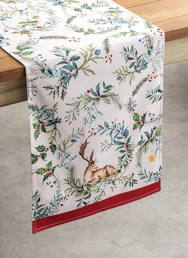 Maison d' Hermine Table Runner 100% Cotton Double Layer Table Runners 108 inches Long for Thanksgiving Christmas Decorations Home Kitchen Dining Party Wedding (Holly Time, 14.5" x 108")