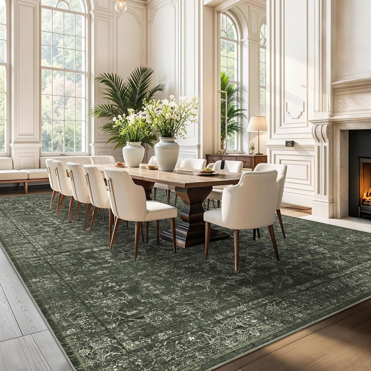 10x14 Washable Living Room Area Rug Soft Boho Dark Green Large Carpet
