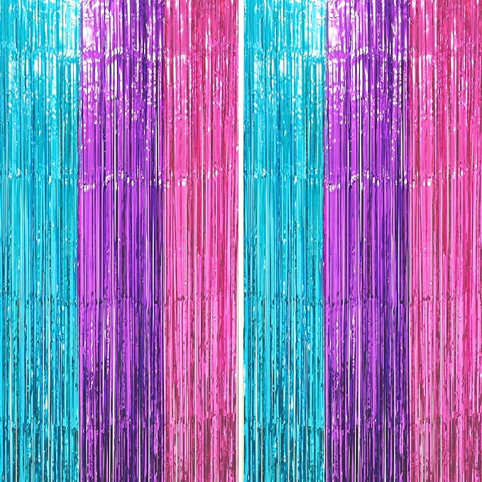 2 Pack Blue Purple Pink Foil Fringe Backdrop Curtains, Tinsel Streamers Party Decorations, Fringe Backdrop, Door Shimmer for Mermaid or Birthday Party
