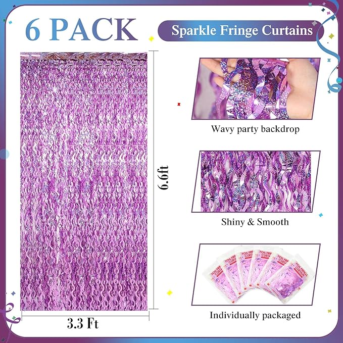 Jutom 6 Pieces 3.3 x 6.6 ft Wavy Tinsel Foil Fringe Curtains Foil Fringe Streamer Backdrop Party Curtain for Sea Mermaid Baby Shower Birthday Party Decoration(Light Purple)