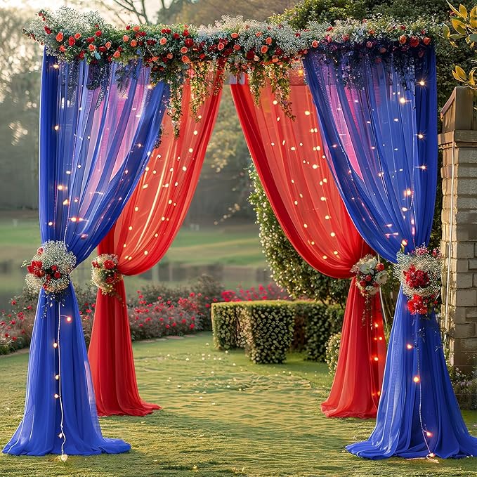 10×10ft Royal Blue Red Tulle Backdrop Curtain with Lights String for Parties, Sheer Photo Backdrop Curtains for Wedding Party Photography Background