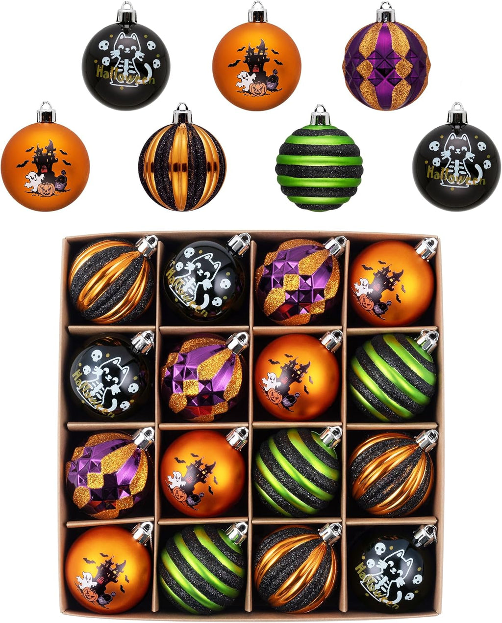 Valery Madelyn 16ct Halloween Ornaments Tree Decorations Indoor 2 Inch | Black Cat Castle Vintage Variety Hanging Ball Ornaments Set for Small Tree, Cute Holiday Party Home Decor