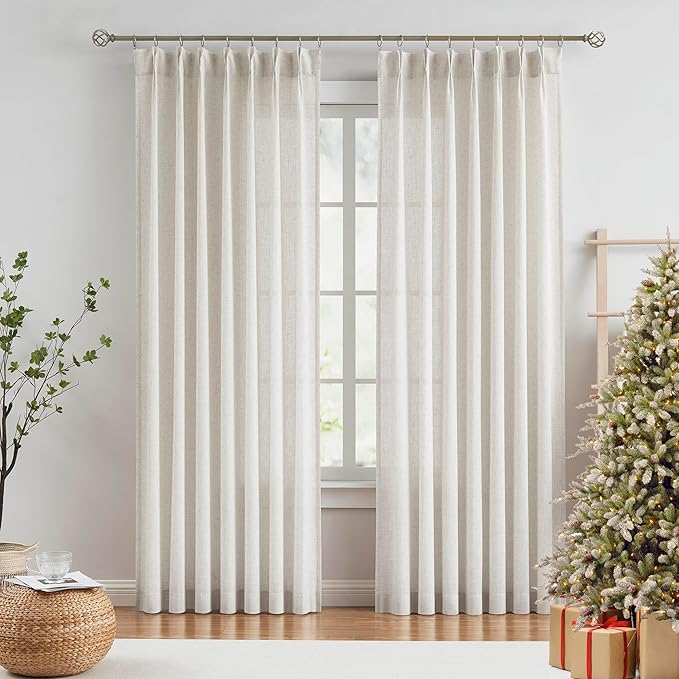 Vision Home Natural Pinch Pleated Semi Sheer Curtains Textured Linen Blended Light Filtering Window Curtains 102 inch for Living Room Bedroom Pinch Pleat Drapes with Hooks 2 Panels 42" Wx102 L
