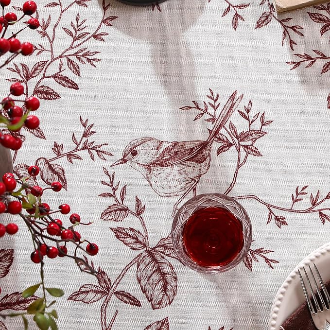 ISAENNE Designer Vintage Linen Round Tablecloth,Red Floral Pattern Linen Stain Resistant Table Cloth,Decor Tablecloths for Dining Thanksgiving Kitchen Christmas,Diameter 67"-Harmony